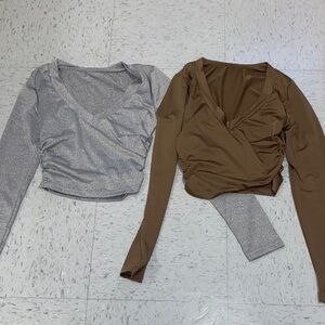 SHEIN V-Neck Long Sleeve crop Tops - Silver and brown women Xs set